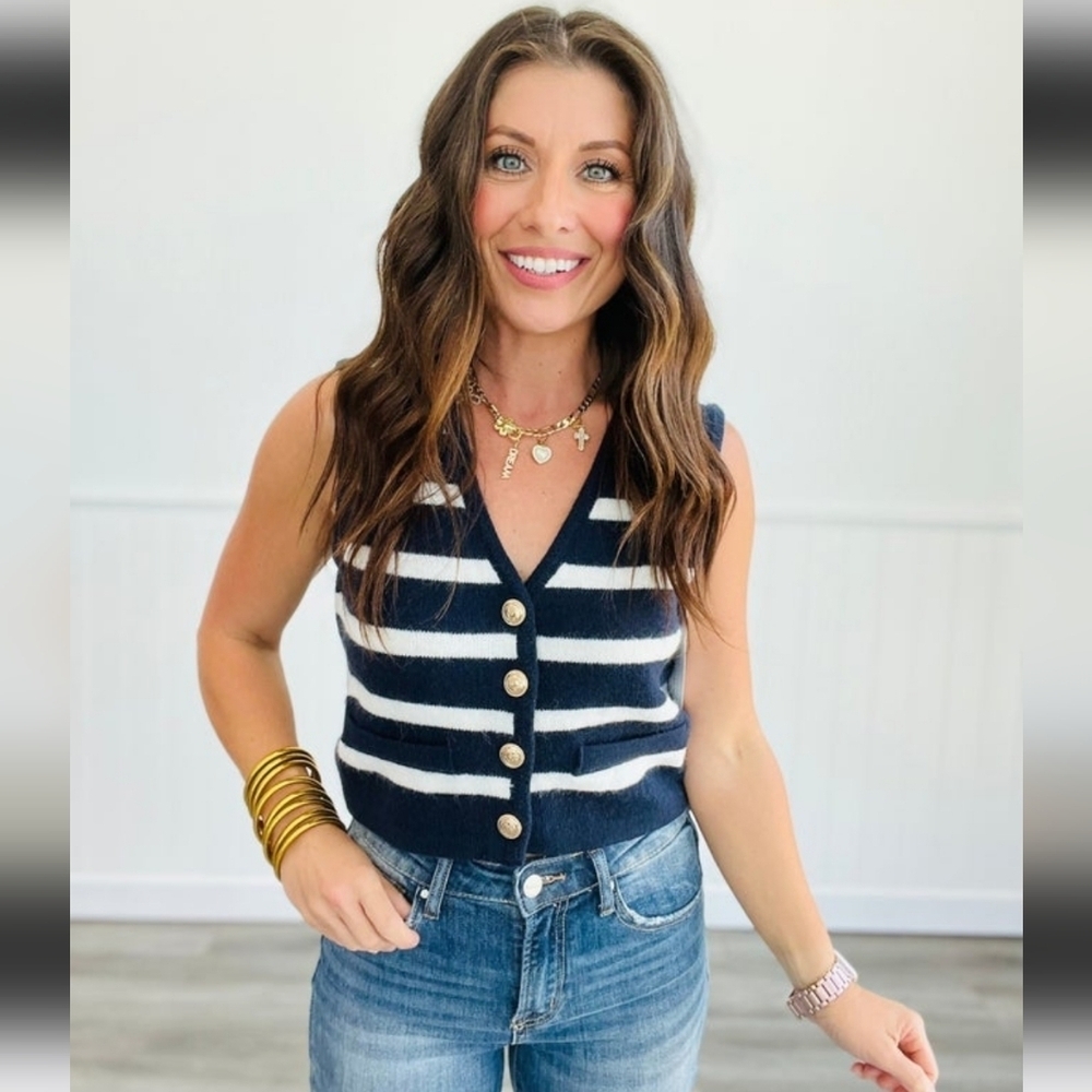 Stripe Fitted Crop Nautical Academia Soft Sweater Vest Medium Work Shop New